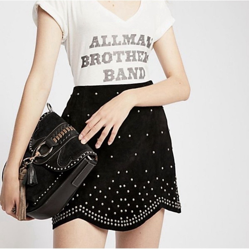 Free‎ People Studded Leather Mini Skirt Sz 0 Black Scalloped Biker Grunge Rocker